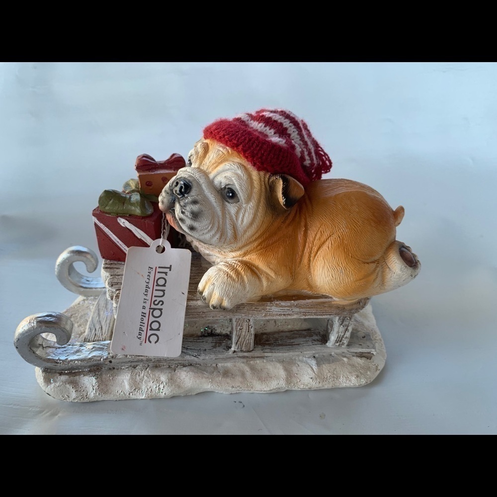 Trans Pac Resin Santa Hat Pup on Sleigh  Christmas